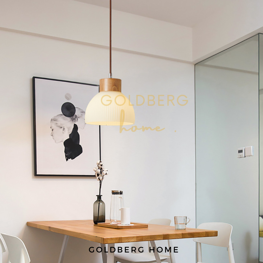Goldberg Osaka real wood pendant light installed over a dining table in a Singapore Japandi-style BTO flat.