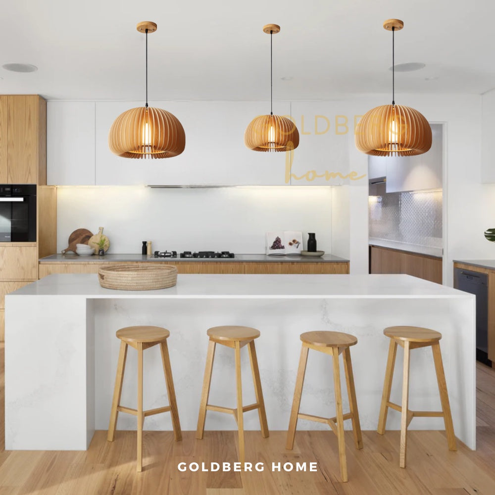 Kyoto wood pendant lights hanging over a Japandi-style Singapore BTO dining table. Minimalist Goldberg Home style.