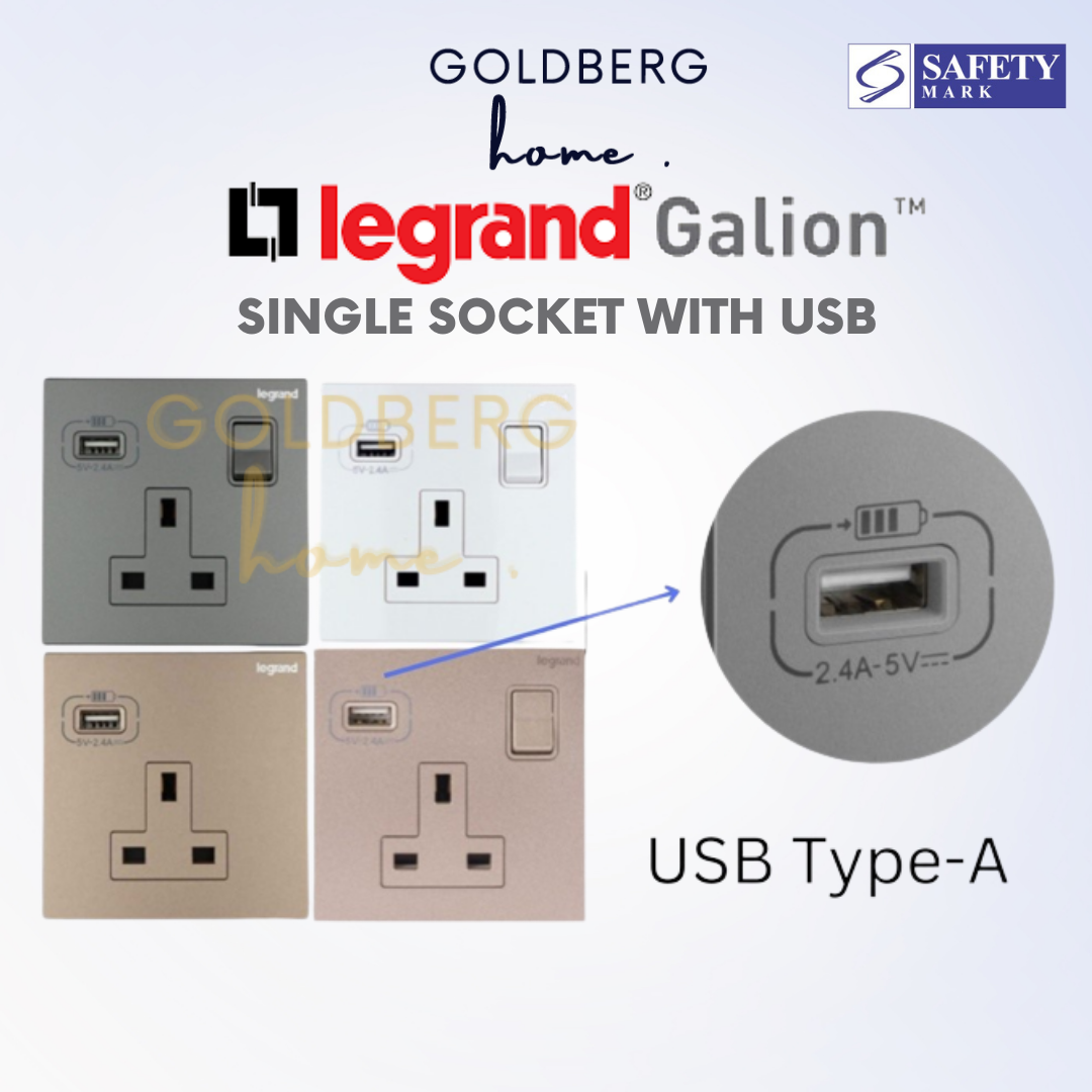 Legrand Galion Single 13A Socket with USB by Goldberg Home, slim design with built-in charging ports. 281112AC
