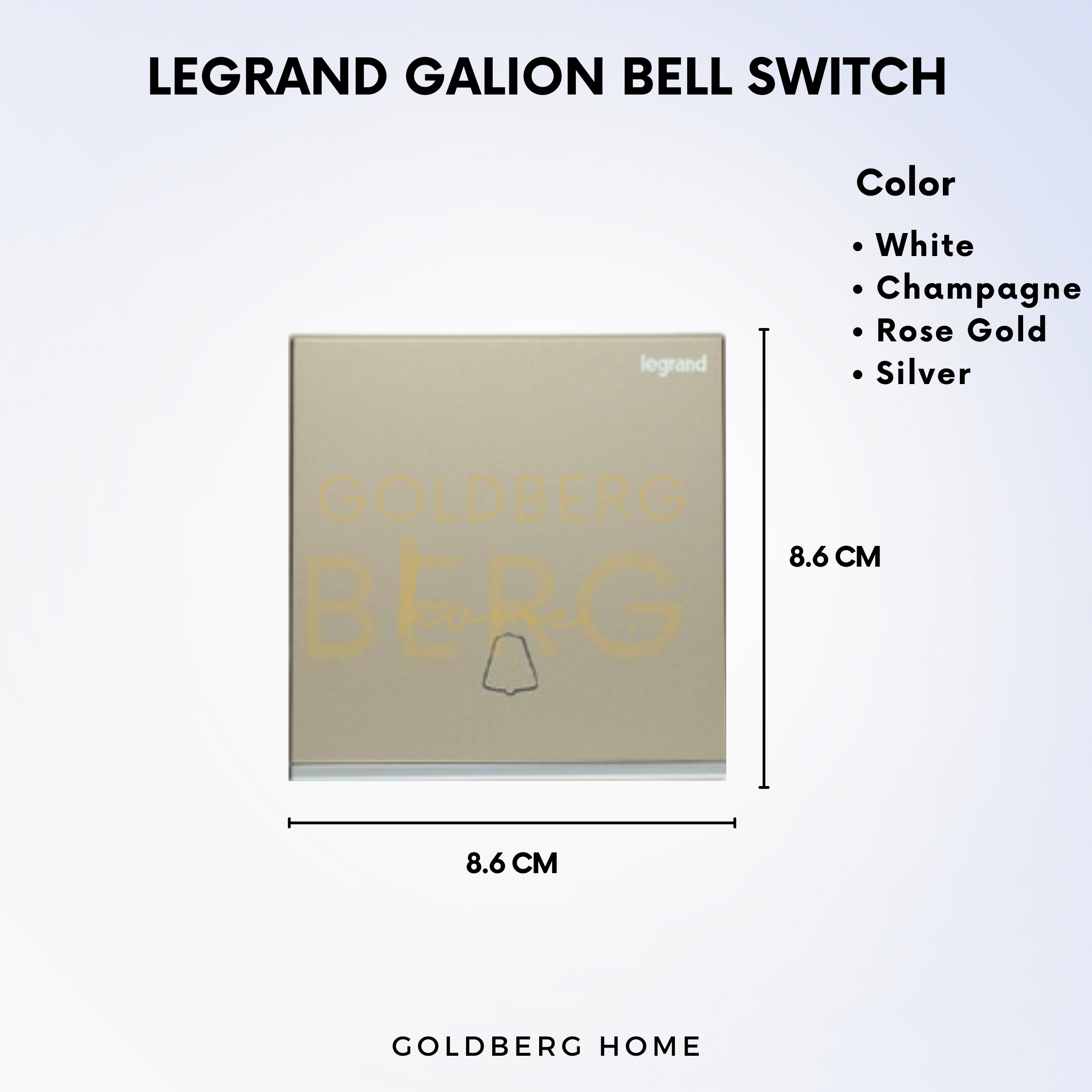 Dimensions for Legrand Galion bell switch, standard 86mm faceplate compatible with SG door chime systems.