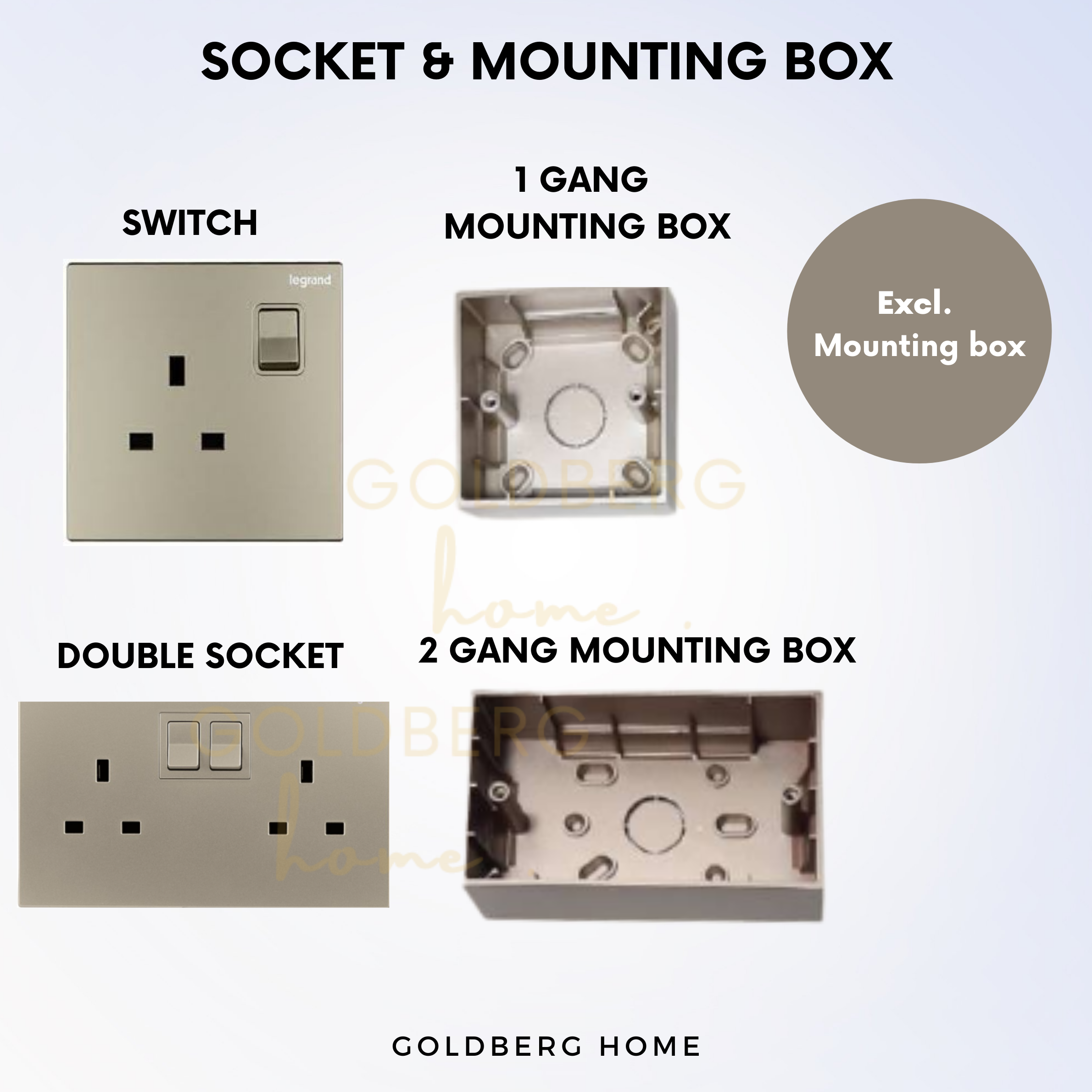 Legrand Galion switch socket module with base mounting frame for SG standard wall box installation by Goldberg Home.