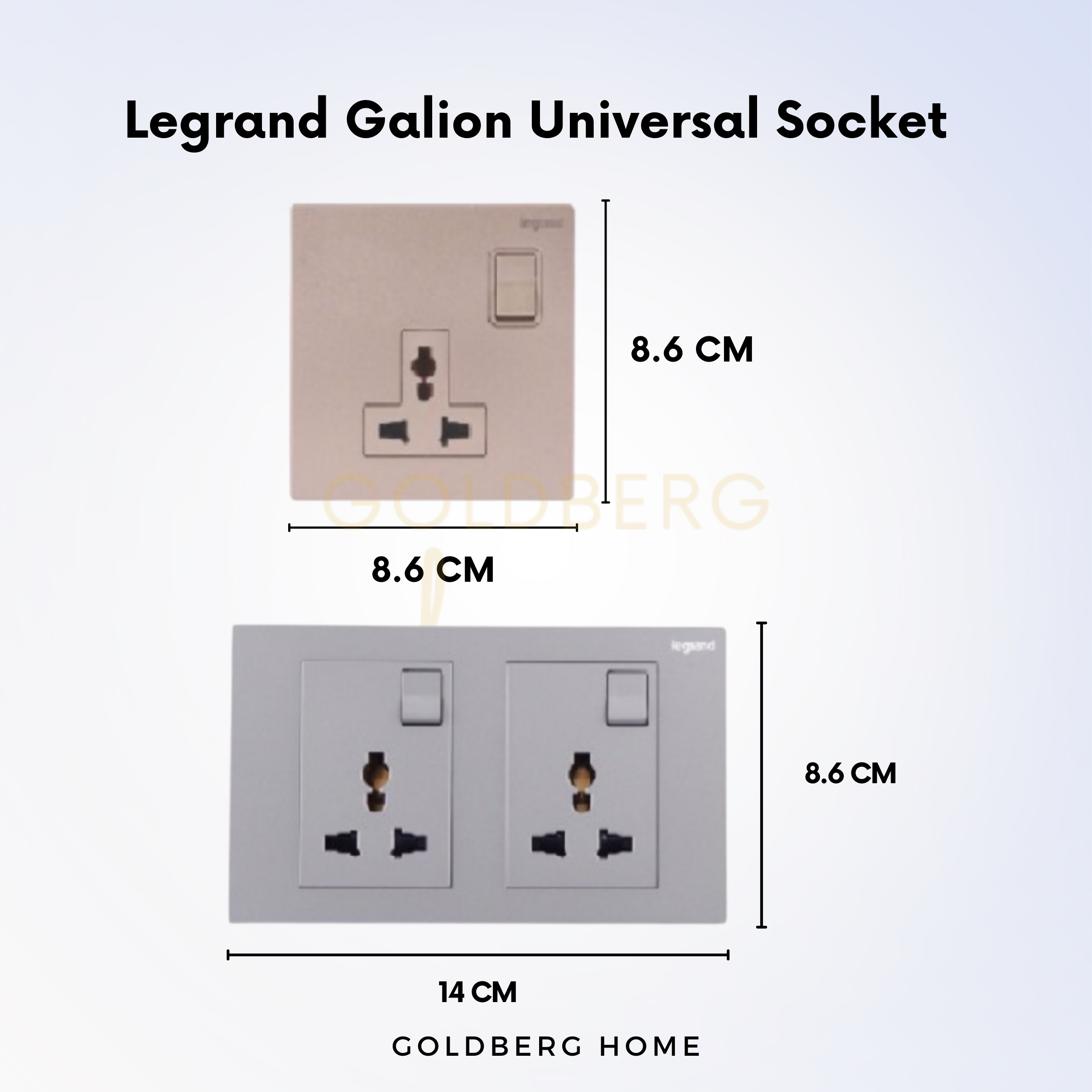 Technical specs for Legrand Galion multi-standard universal socket, fits standard SG 86mm wall boxes