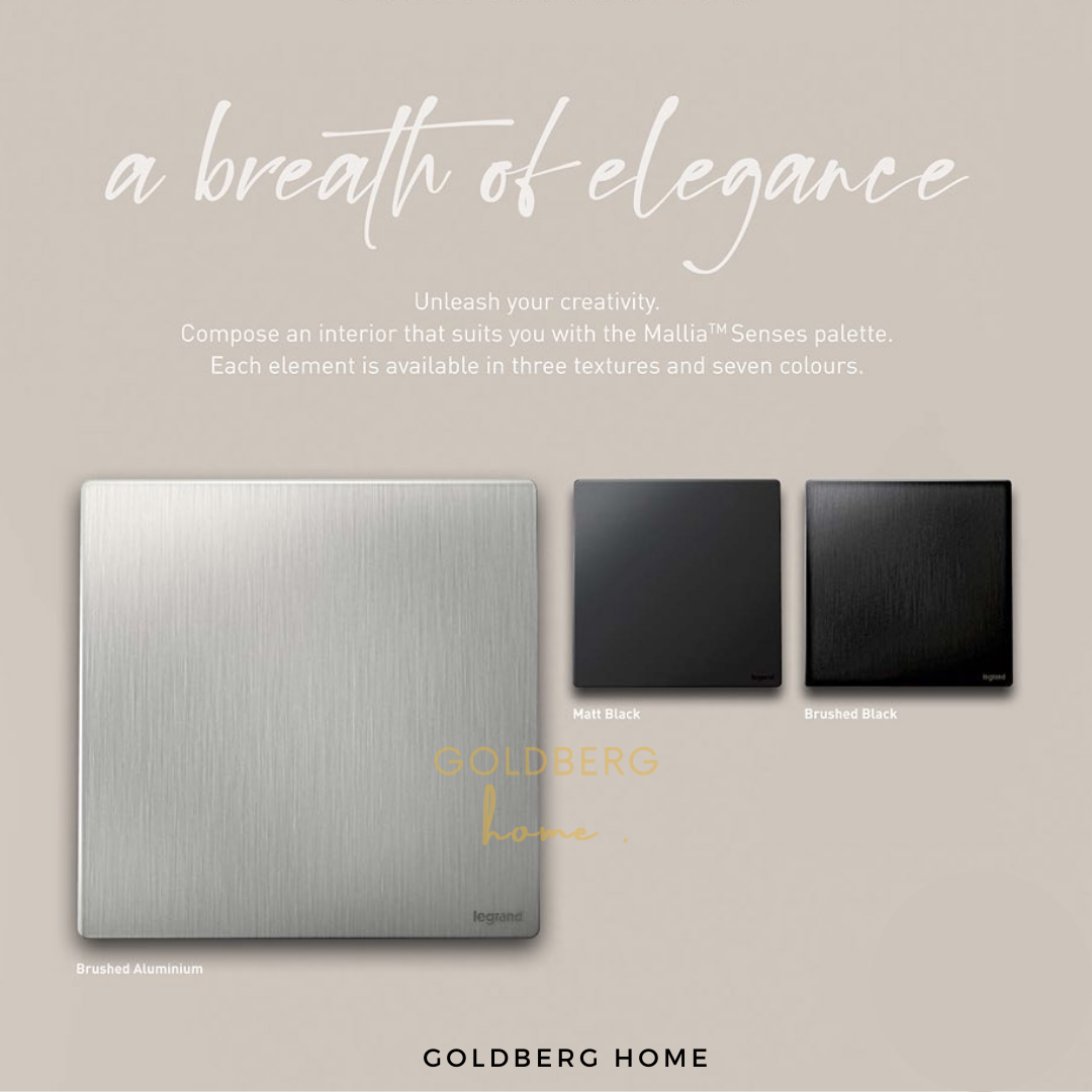 Legrand Mallia Senses water heater switch in Dark Silver and Matt Black finishes by Goldberg Home Singapore.