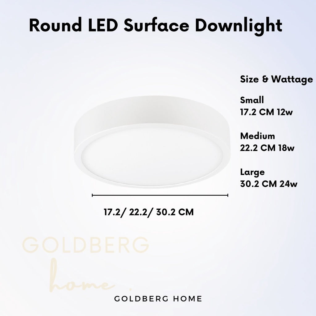 Dimensions for Premium Luz Round White 12W 18W 24W LED light. Goldberg Home guide for Singapore HDB toilet or bathroom installation.