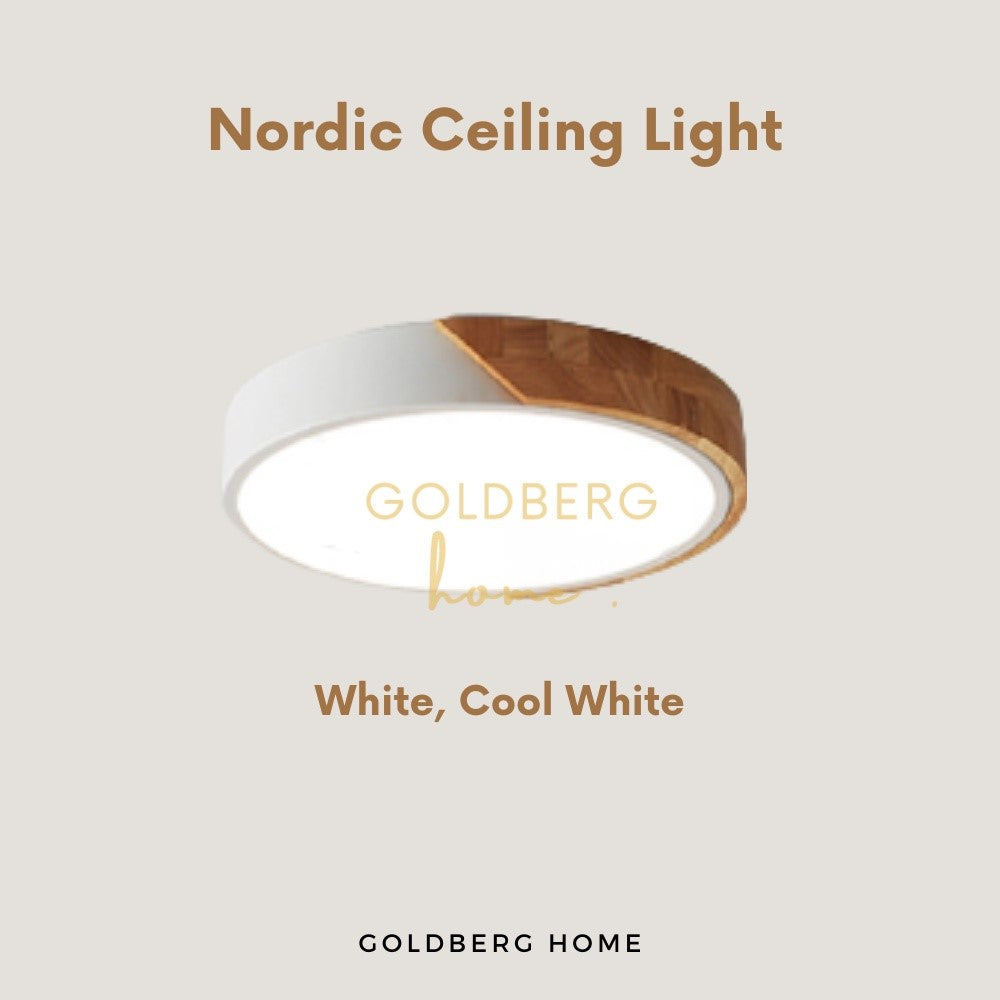 Tami Nordic White wood ceiling lamp in 4000K Cool White. 24W/36W/40W Goldberg Home minimalist lighting.