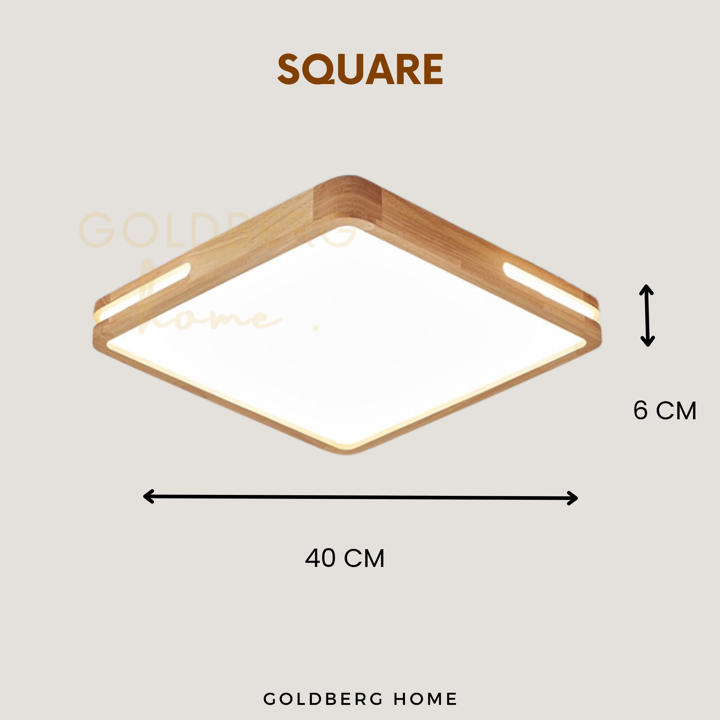 Detailed width and thickness for the Yuka square real wood ceiling light.