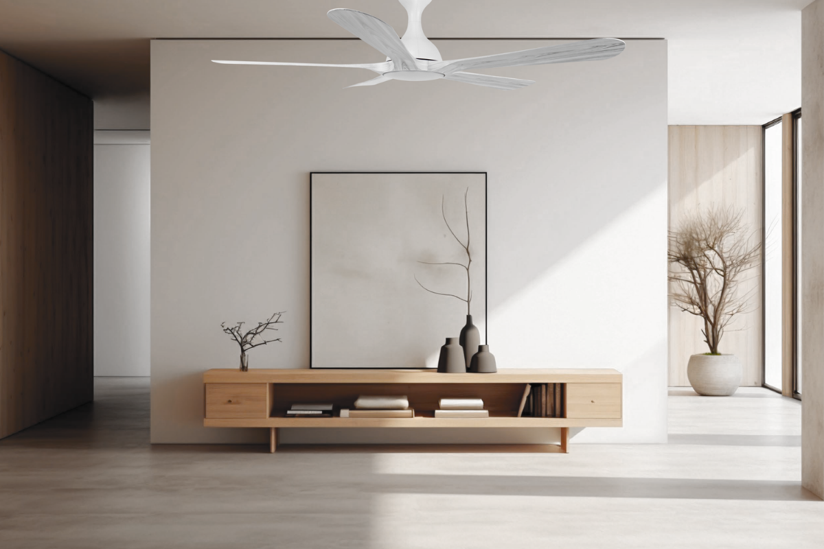 Goldberg Home white ceiling fan Japandi minimalist condo living room Singapore oak console natural daylight interior