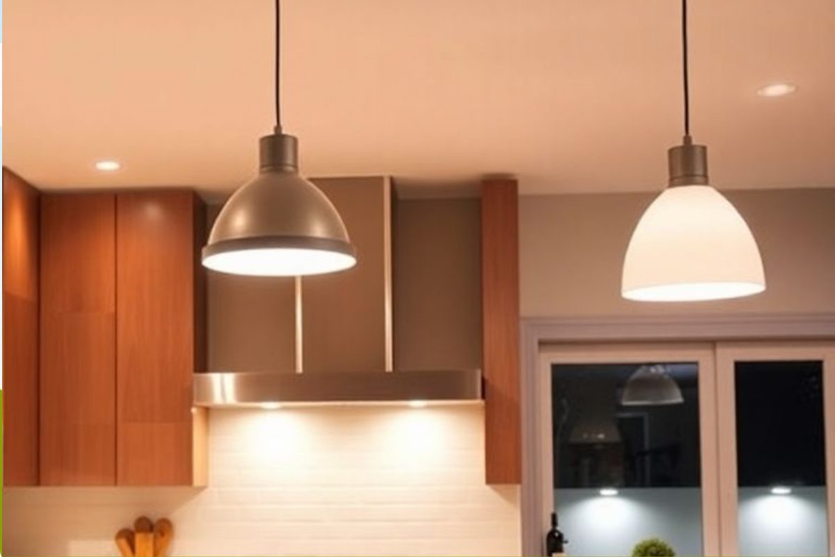 Goldberg Home kitchen pendant light recessed downlight wood cabinet range hood Singapore HDB warm ambient interior lighting