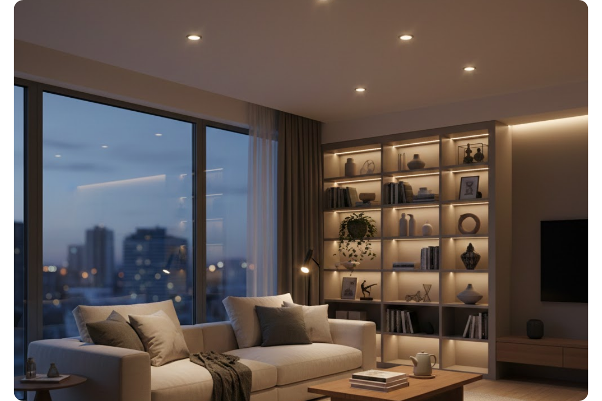 Goldberg Home living room downlight condo Singapore shelving warm ambient ceiling lighting
