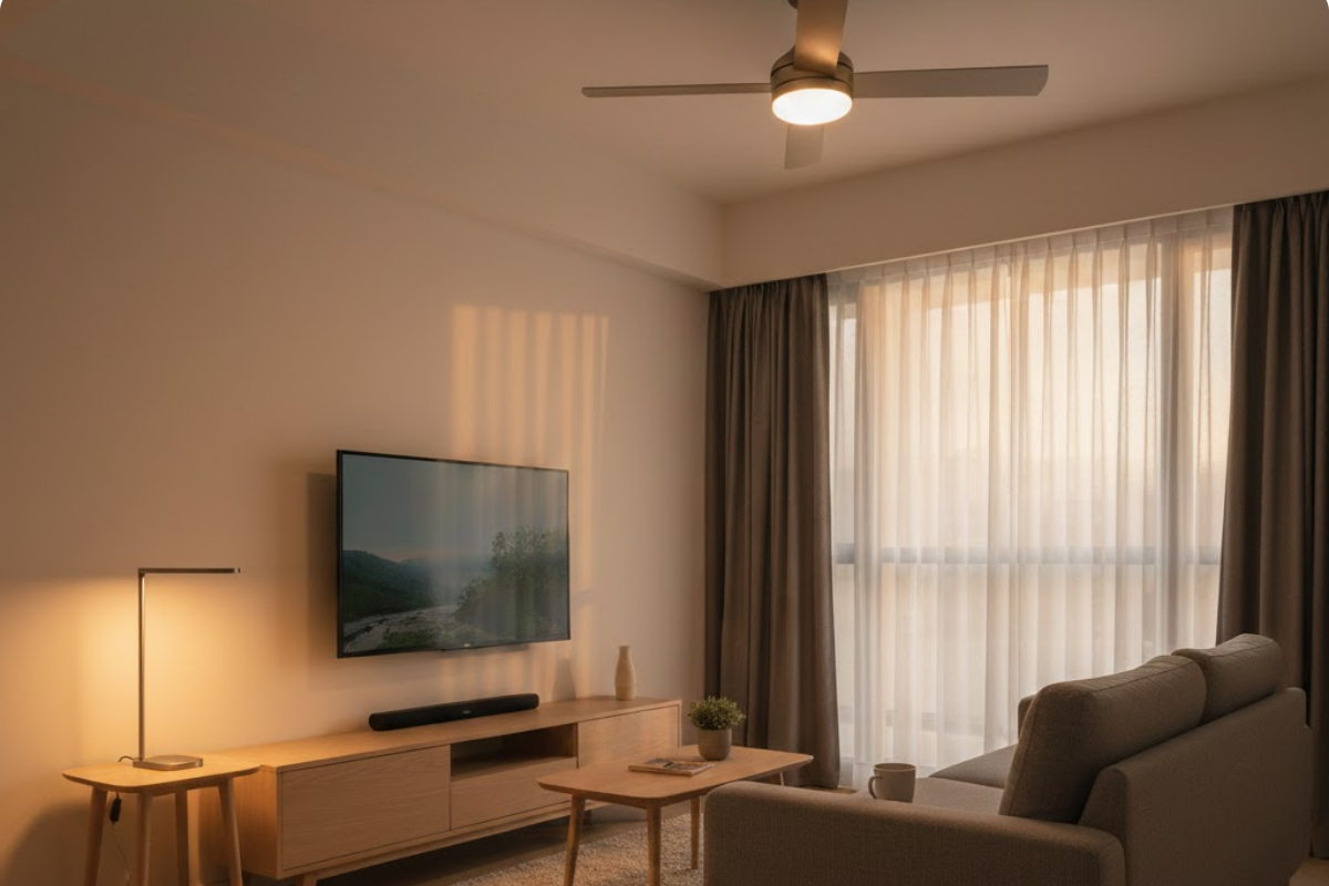 Goldberg Home ceiling fan integrated light HDB living room Singapore minimalist warm white ambient nordic interior