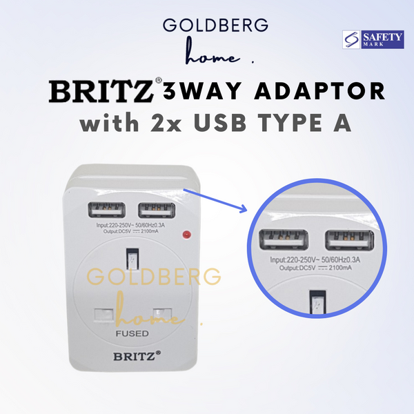 Britz 13A 3 Way Adaptor Power Socket with 2 x USB Port Goldberg Home SG