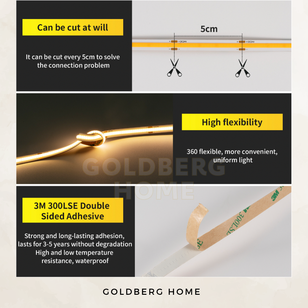 4V COB LED strip features in 3000K warm white, 4000K cool white, and 6000K daylight by Goldberg Home.