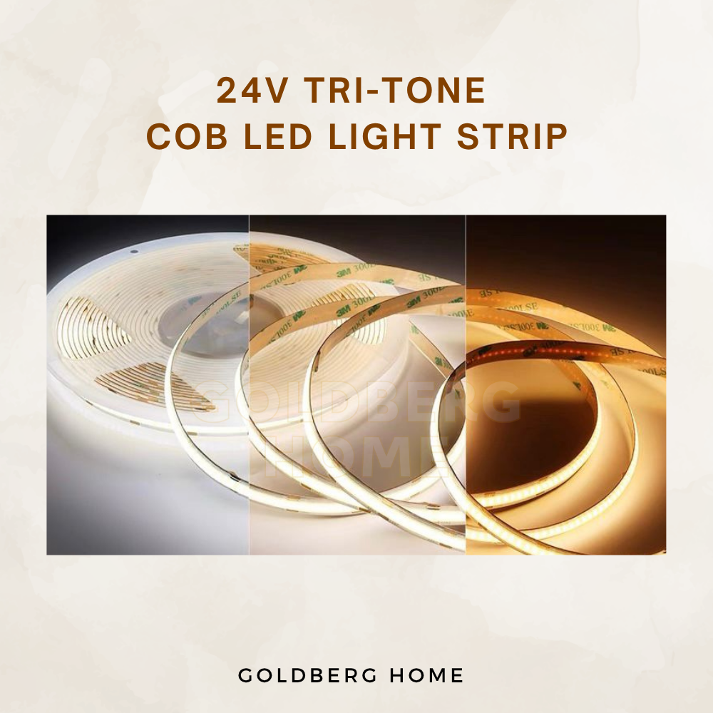24V 3-Tone COB LED light strip 5M for continuous cove lighting by Goldberg Home Singapore.