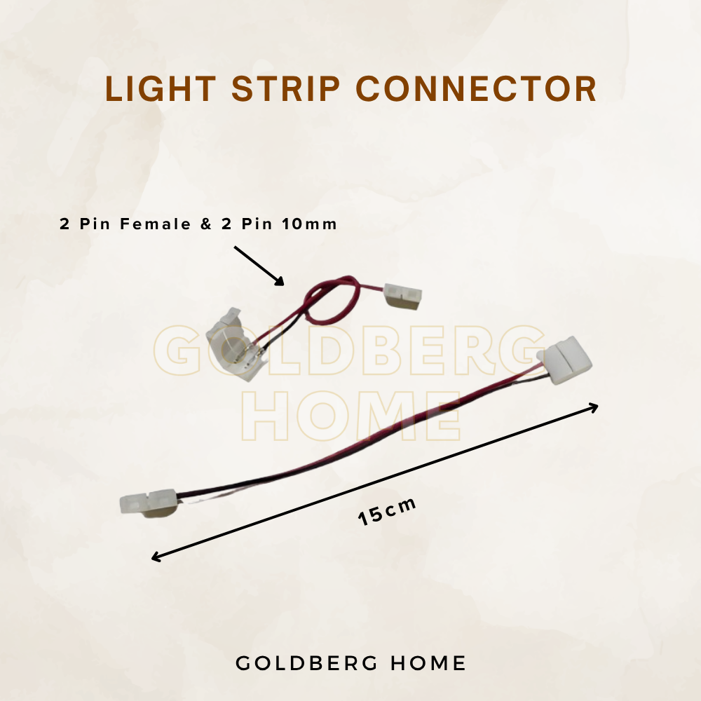 15cm wire length and 10mm 2-pin width dimensions for 5050 LED strip connector by Goldberg Home.