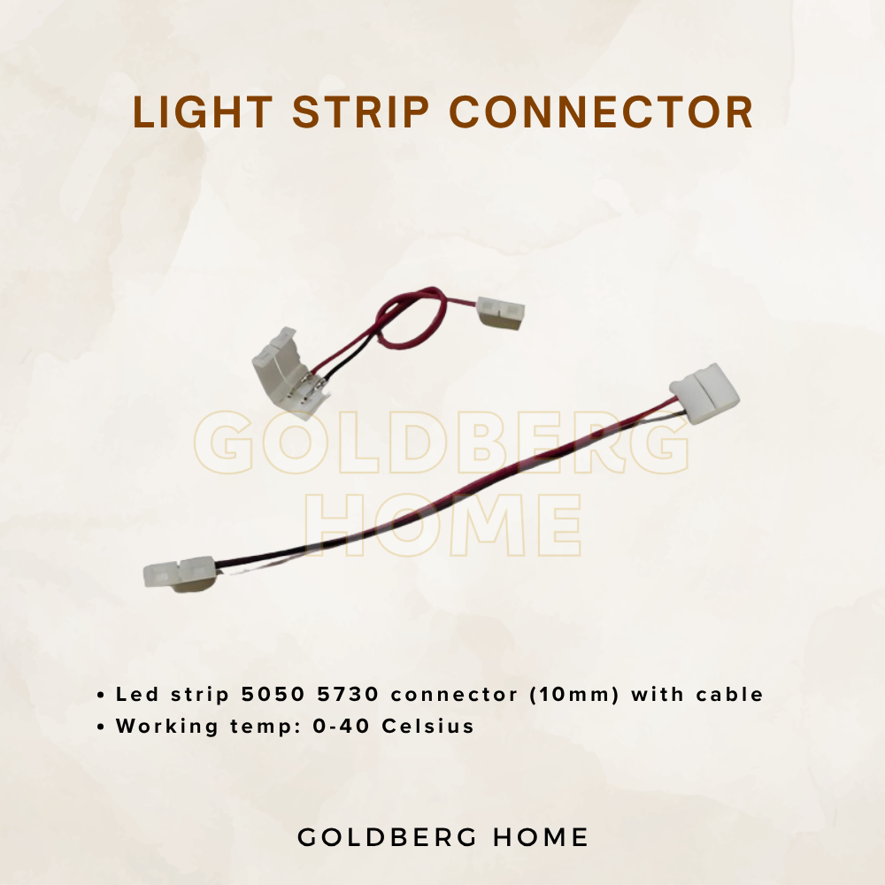 Solderless 2-pin terminal connection guide for 10mm 5050 LED light strips by Goldberg Home.