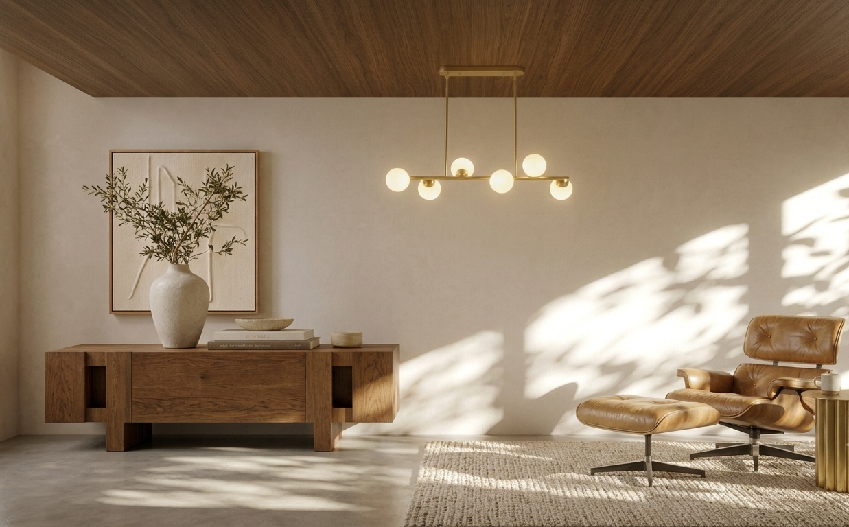 A modern living room interior with warm wood furniture, a brown leather lounge chair and ottoman, a brass pendant light, and soft sunlight casting shadows across the wall.