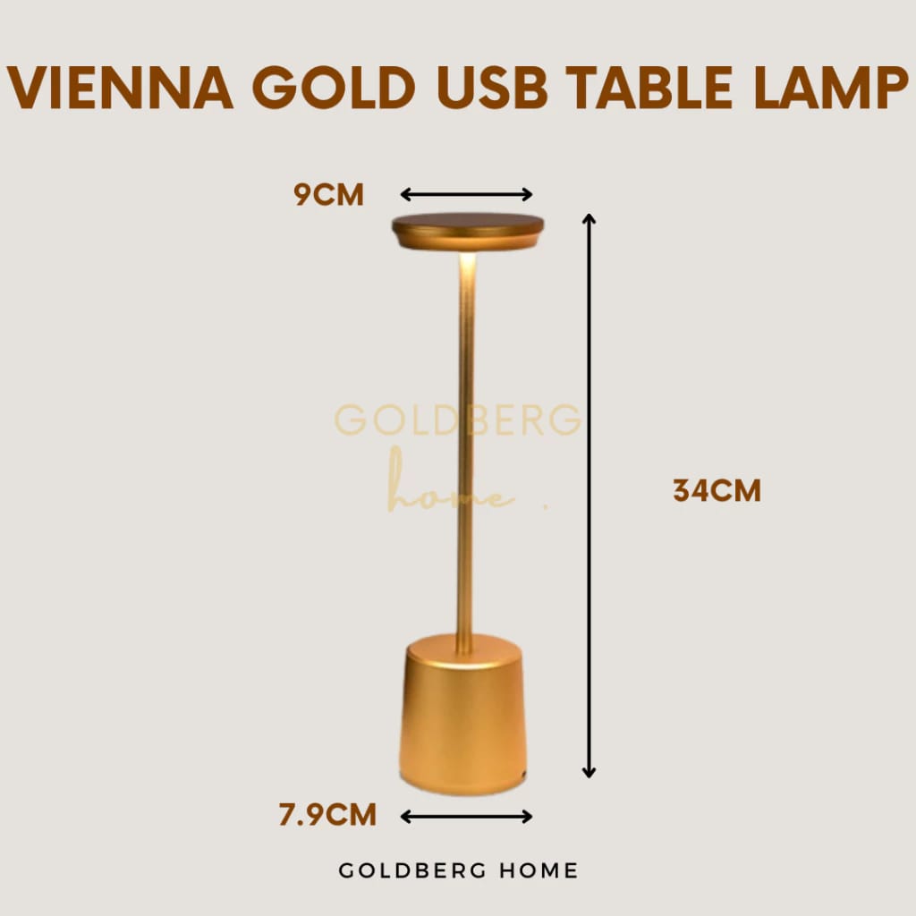 Measurement of Vienna Gold  Adjustable Table Lamp | USB Rechargeable Table Lamp | Goldberg Home SG