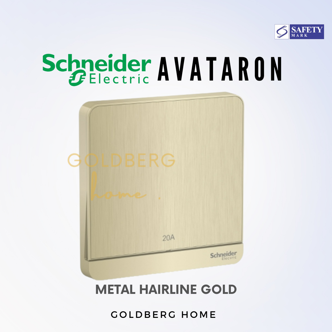 Hairline Gold brushed 20A switch. Schneider AvatarON premium heater point from Goldberg Home.