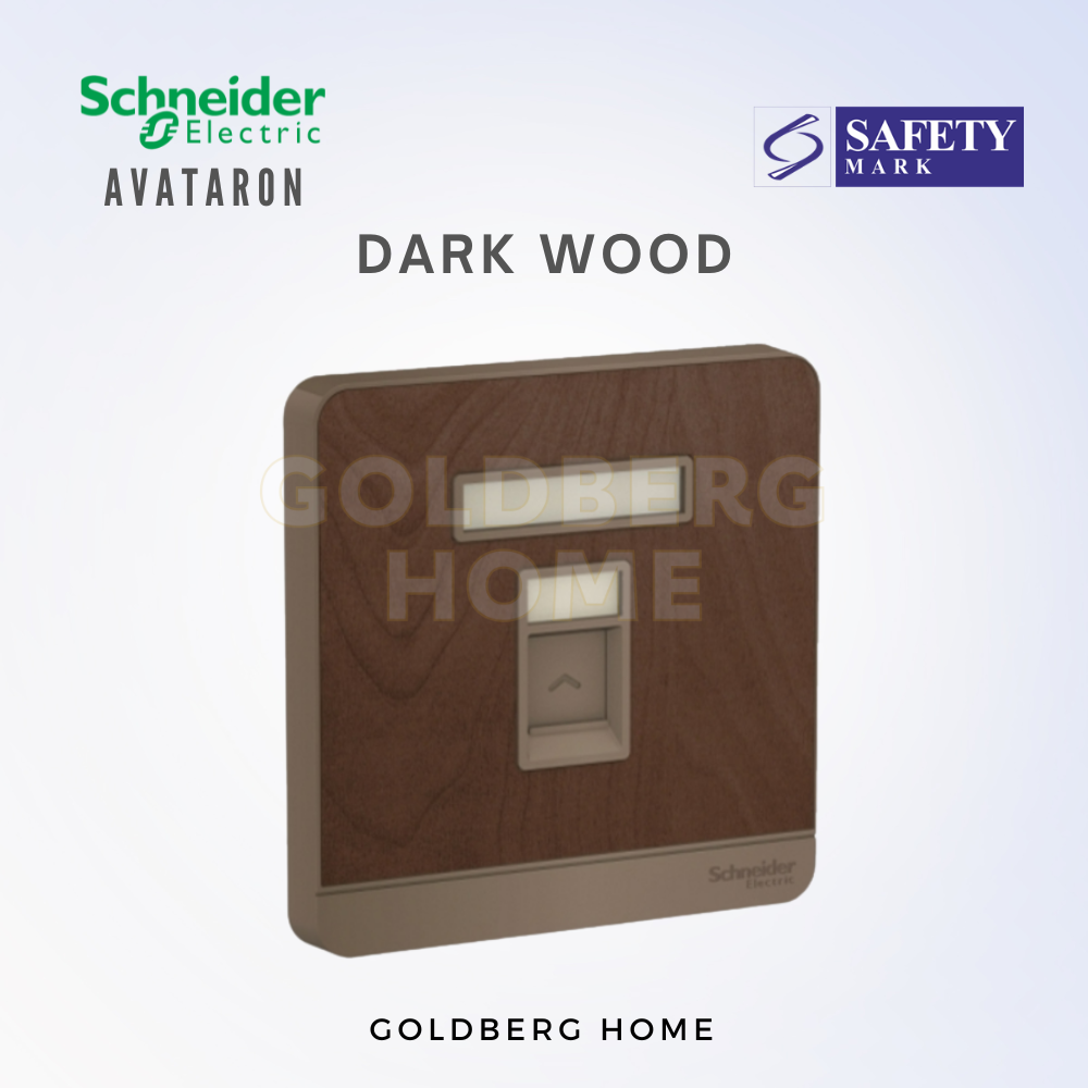 Dark Wood Schneider AvatarON Cat6 socket. Goldberg Home natural texture finish for modern SG interiors.
