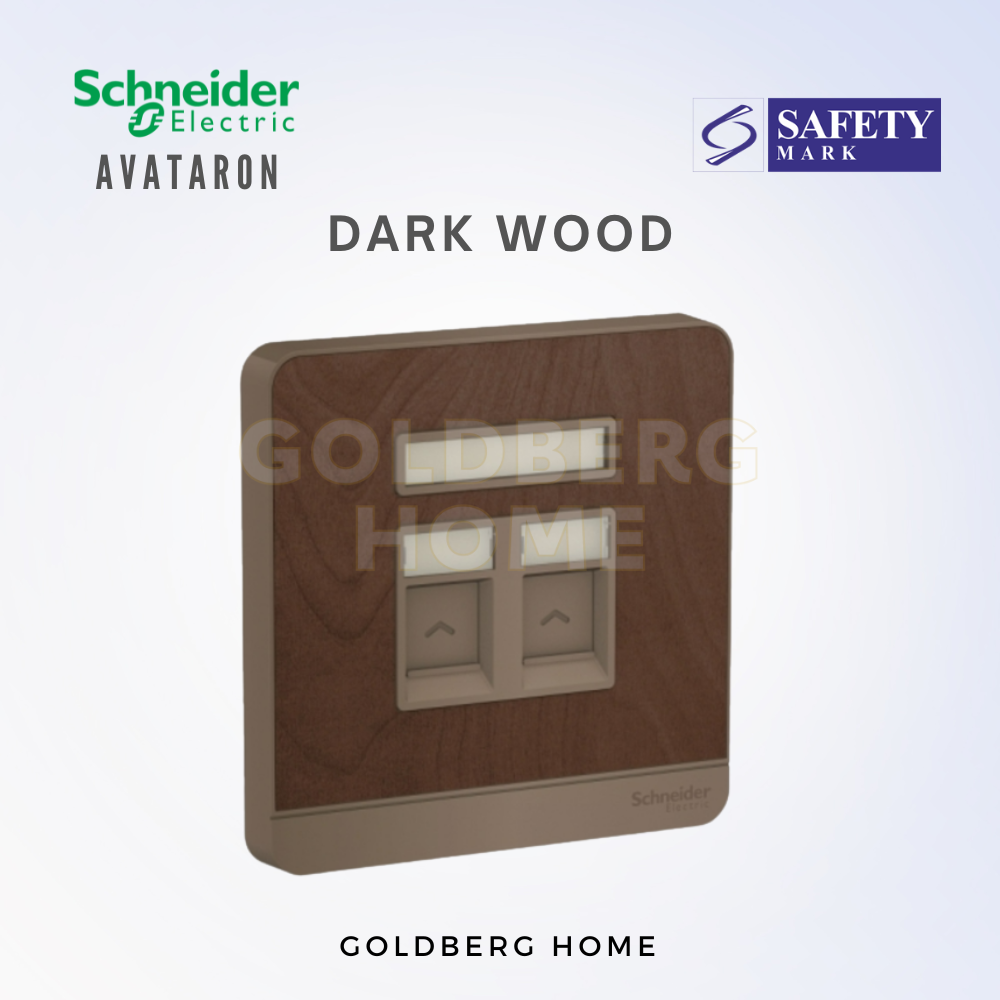 Schneider AvatarON double data sockets available in 5 premium Goldberg Home colors, Dark Wood.