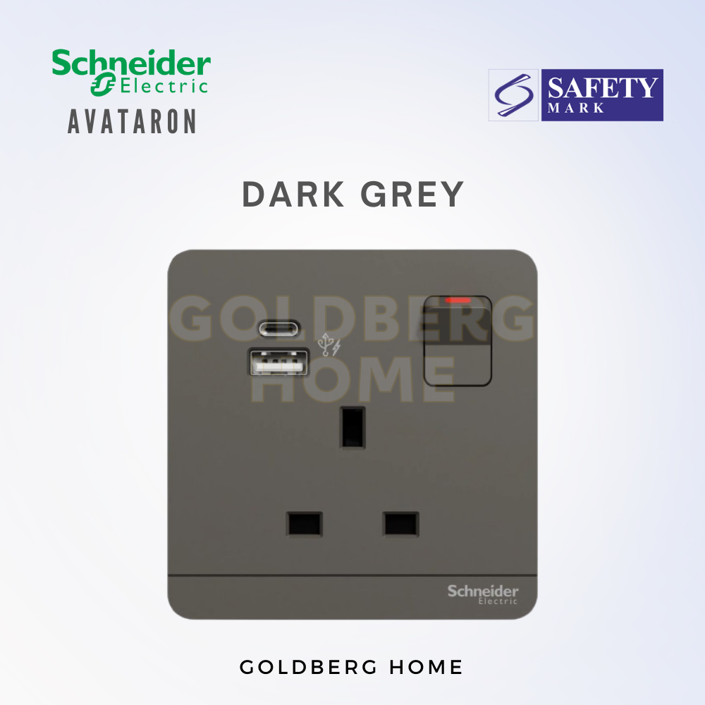 Dark Grey Schneider AvatarON 21W USB A+C socket by Goldberg Home. Modern matte finish for industrial interiors.