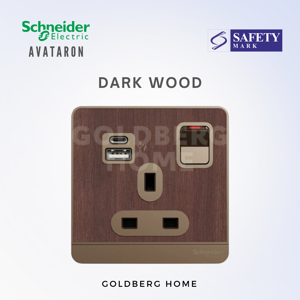 Schneider AvatarON Dark Wood USB 21W socket. Goldberg Home organic texture for premium Singapore landed estates.
