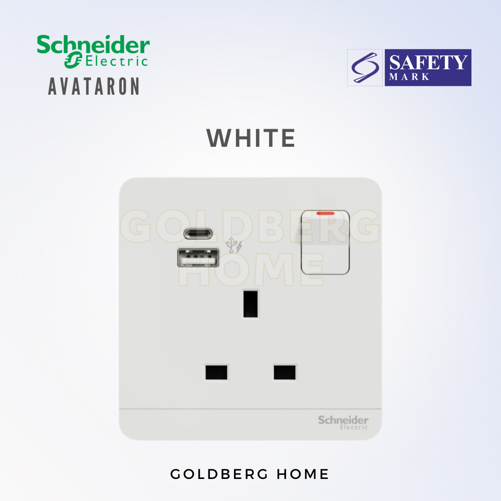 White Schneider AvatarON 21W USB A+C socket. Goldberg Home sleek power solution for SG BTO kitchens.