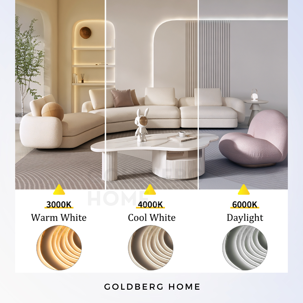 24V COB LED strip in 3000K Warm White,4000K Cool White and 6500K Daylight. Cozy Goldberg Home cove lighting for Singapore master bedrooms.