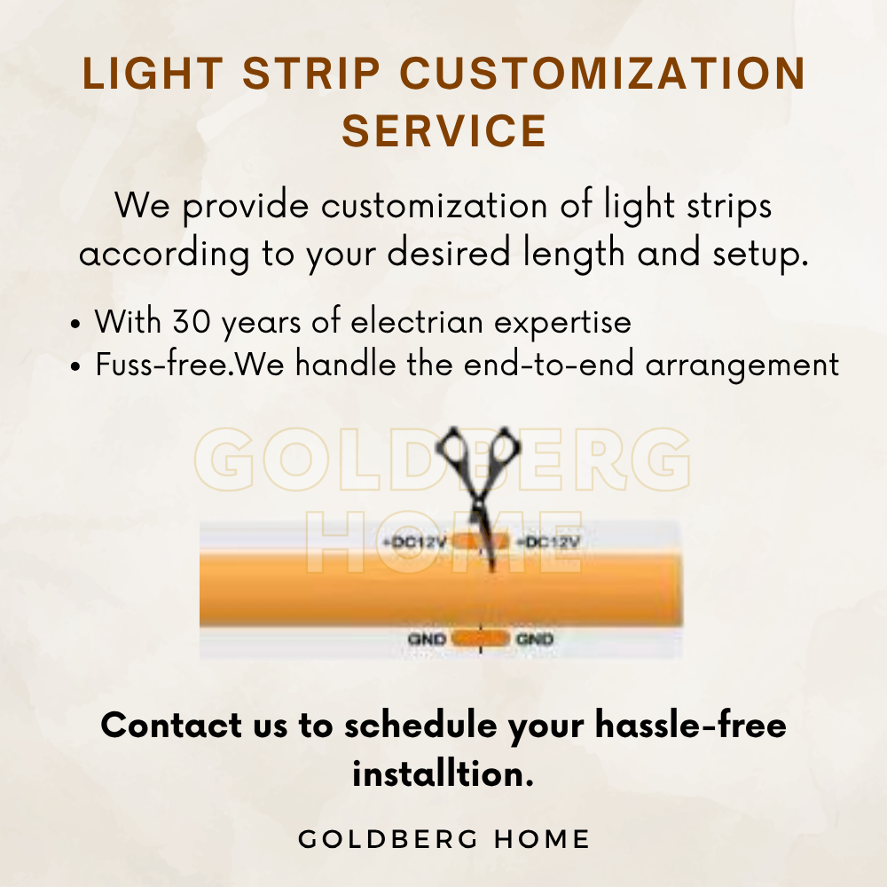 Custom length cutting and soldering service for 24V RGB COB LED strips by Goldberg Home Singapore.