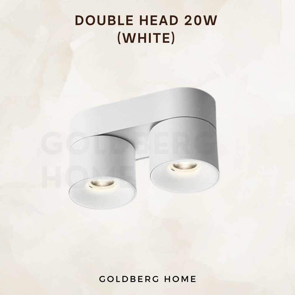 White Dutti Double Head 20W surface light. Goldberg Home adjustable dual spotlight for modern SG condos.