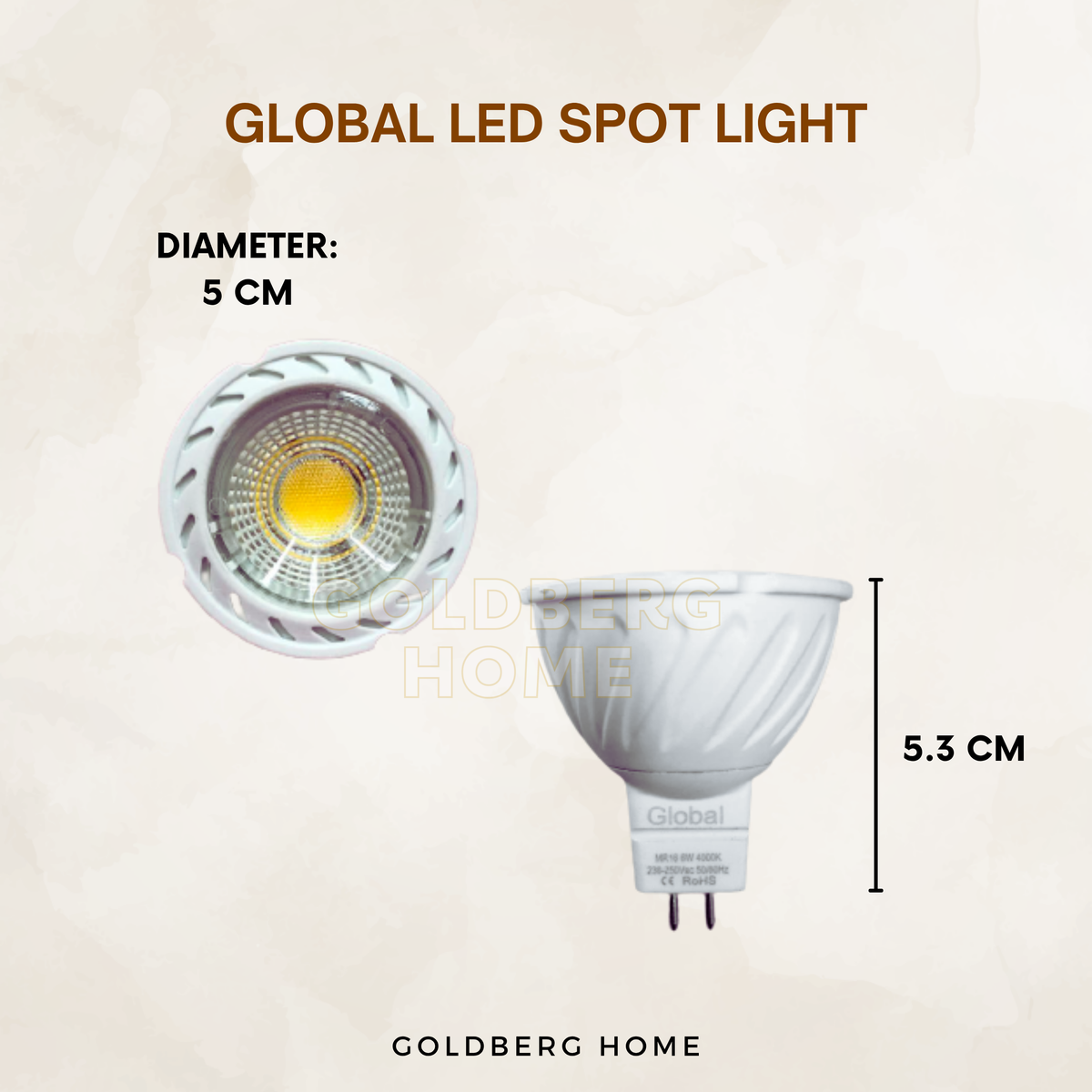 Global LED spot light GU5.3 5.3cm pin base size dimensions by Goldberg Home Singapore.