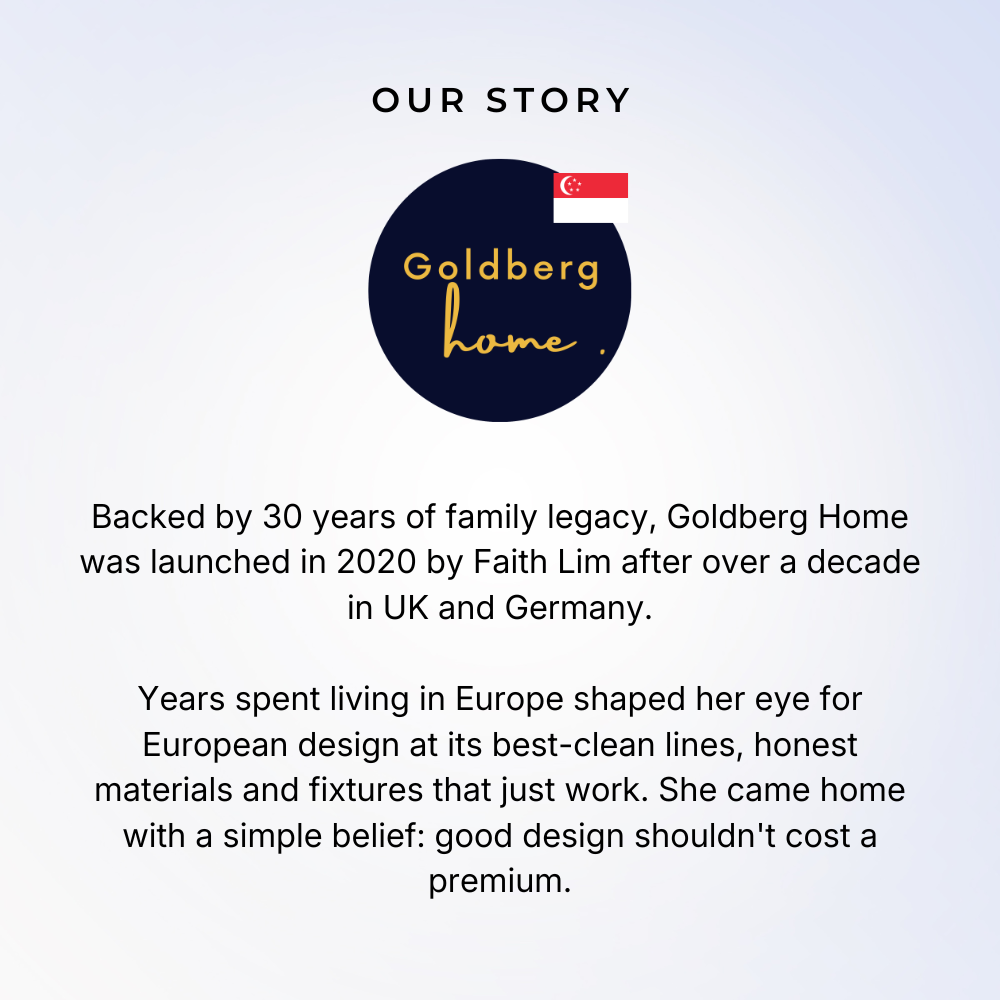 Goldberg Home brand story highlighting 30 years of family legacy and European design philosophy by founder Faith Lim.
