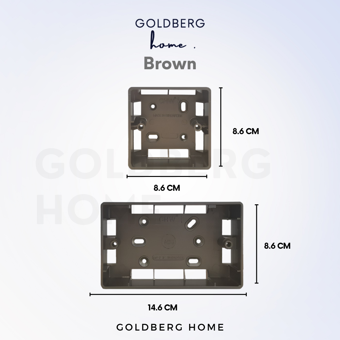 Brown 1-gang and 2-gang surface mounting box dimensions from Goldberg Home, compatible with Schneider and Legrand switches.