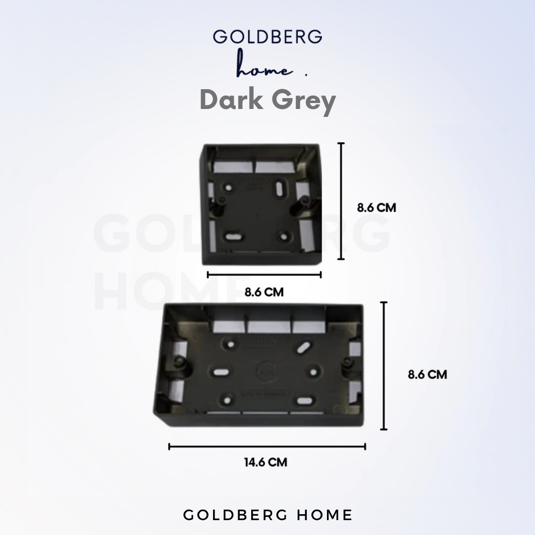 Dark grey 1-gang and 2-gang surface mounting box dimensions from Goldberg Home, compatible with Schneider and Legrand switches.