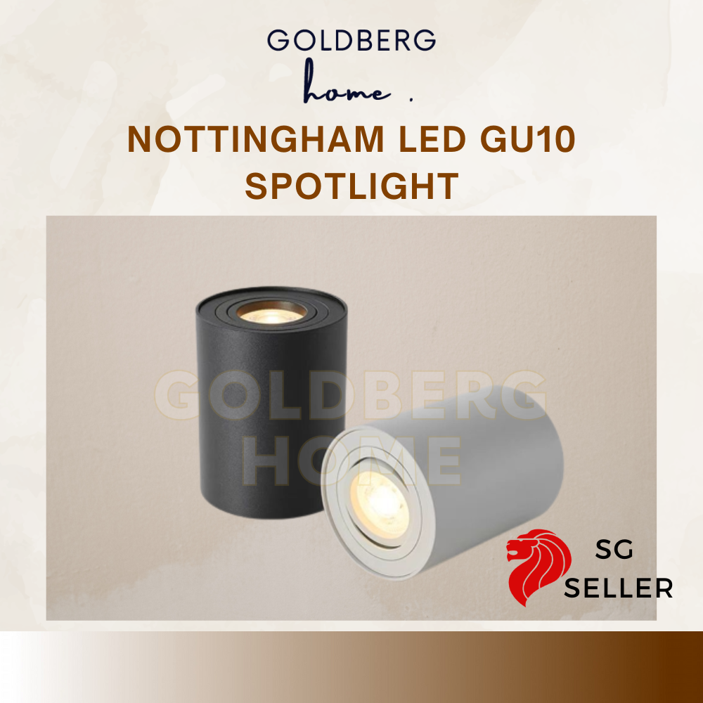 Nottingham adjustable surface spotlight with 6W GU10 LED by Goldberg Home. Available in Black and White.