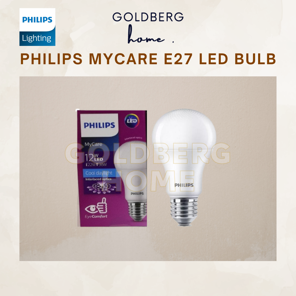 Philips MyCare E27 LED bulbs by Goldberg Home. Full range of 6W, 8W, 10W, and 12W energy-saving bulbs for SG.