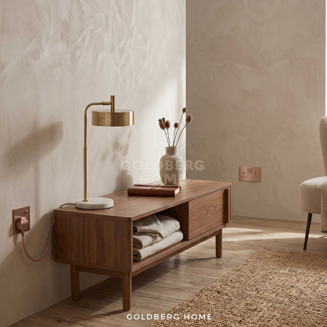 Goldberg Home MK Aria rose gold power socket installed in a modern glam Singapore BTO bedroom