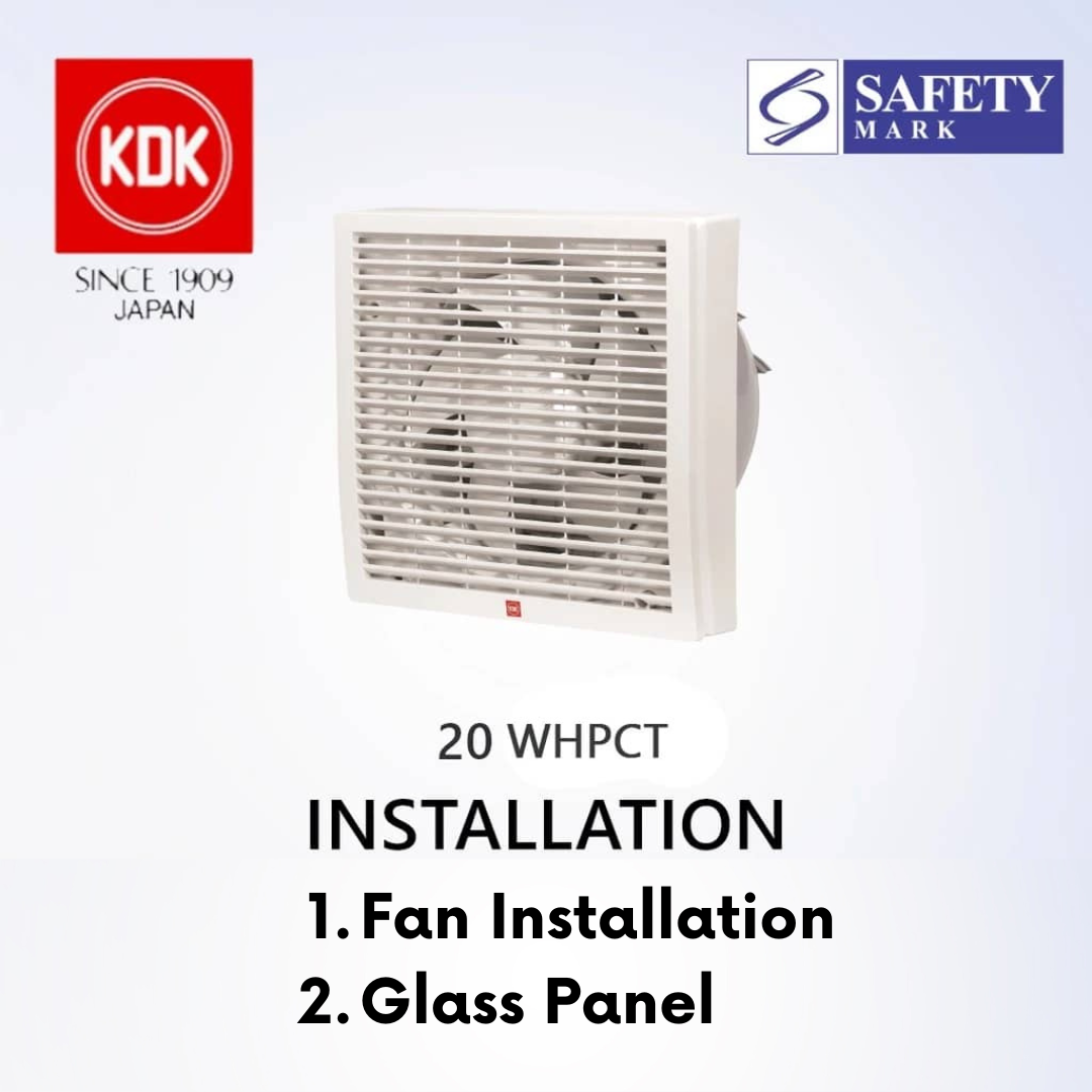 KDK 20WHPCT glass-mounted ventilation fan installed directly onto a bathroom window pane.