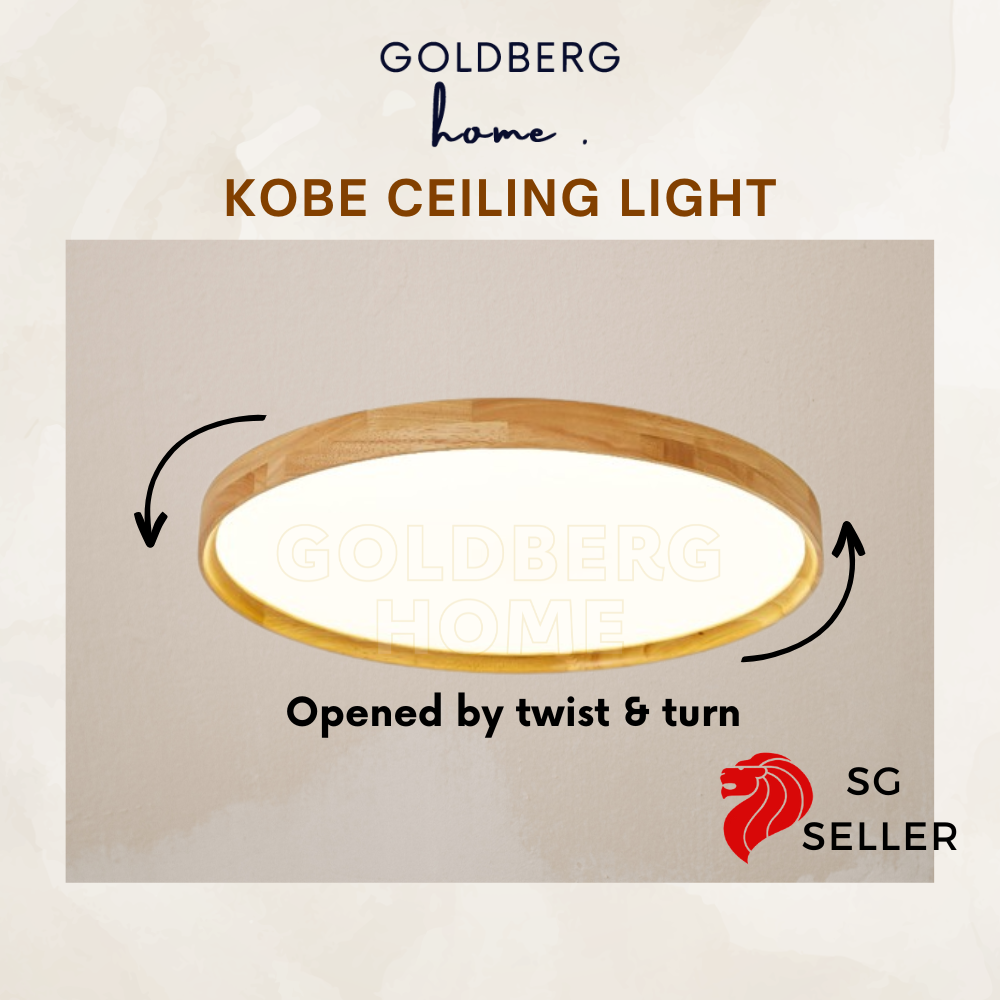 Goldberg Home Kobe 36W LED ceiling light with real wood frame and Twist & Turn opening for easy SG home maintenance.