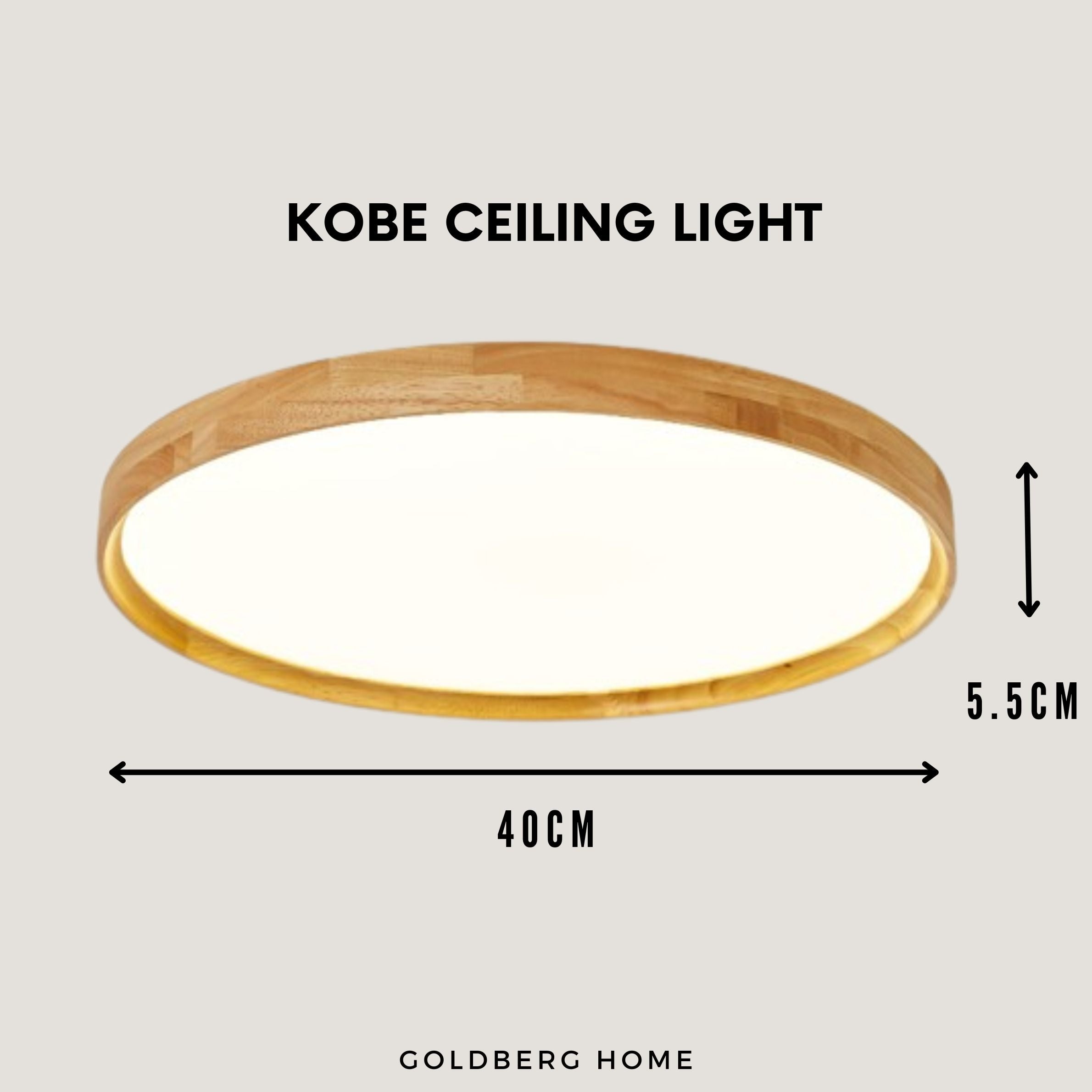 40cm diameter specifications for Goldberg Kobe wood ceiling light, ideal size for BTO bedrooms and study rooms.