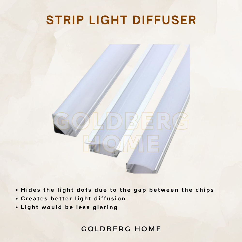 Frosted [strip light diffuser](https://admin.shopify.com/store/goldberg-home/products/7857852612816) guide showing glare reduction and dot-free illumination by Goldberg Home.