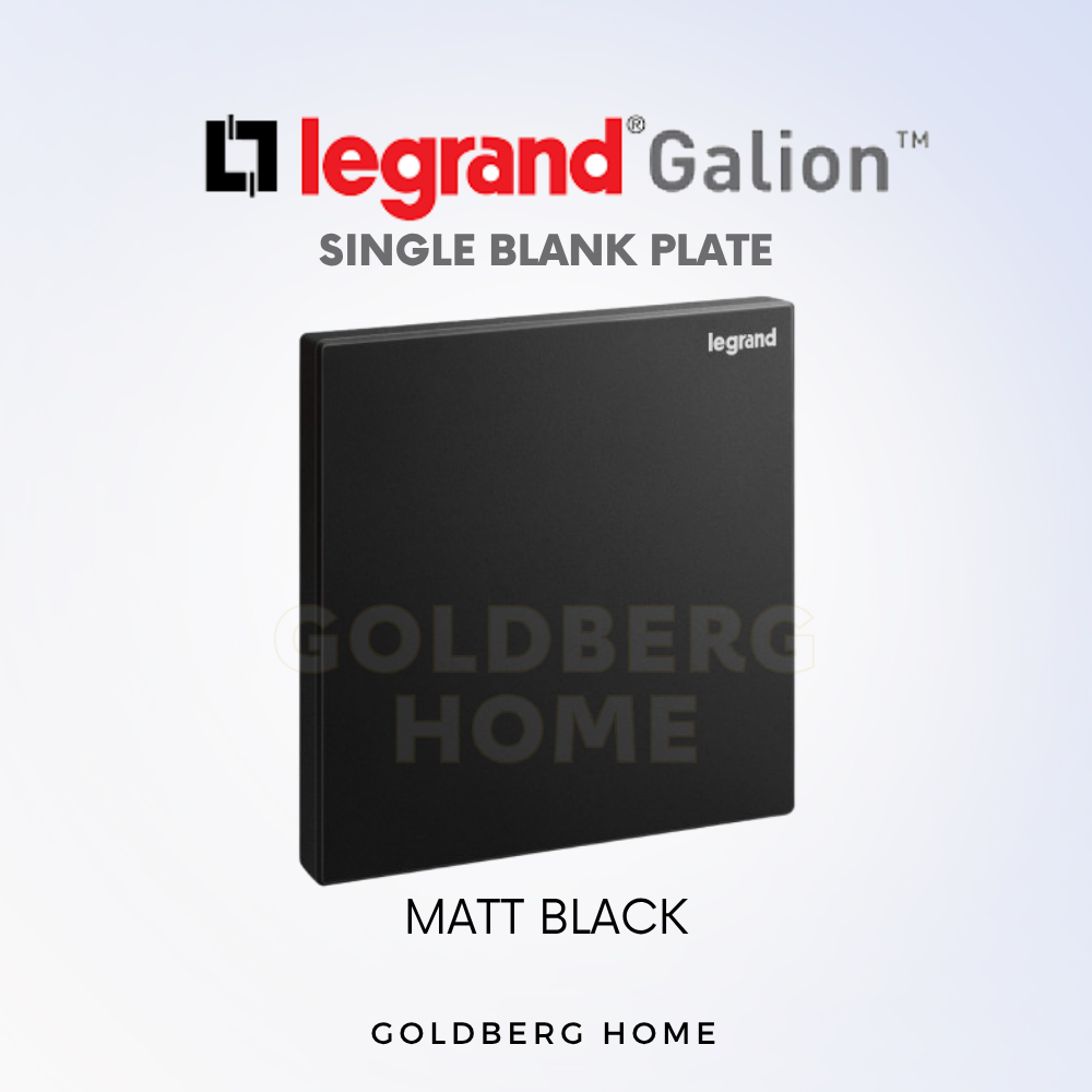 Legrand Galion 1-gang single blank plate in matt black finish for SG interiors, via Goldberg Home.