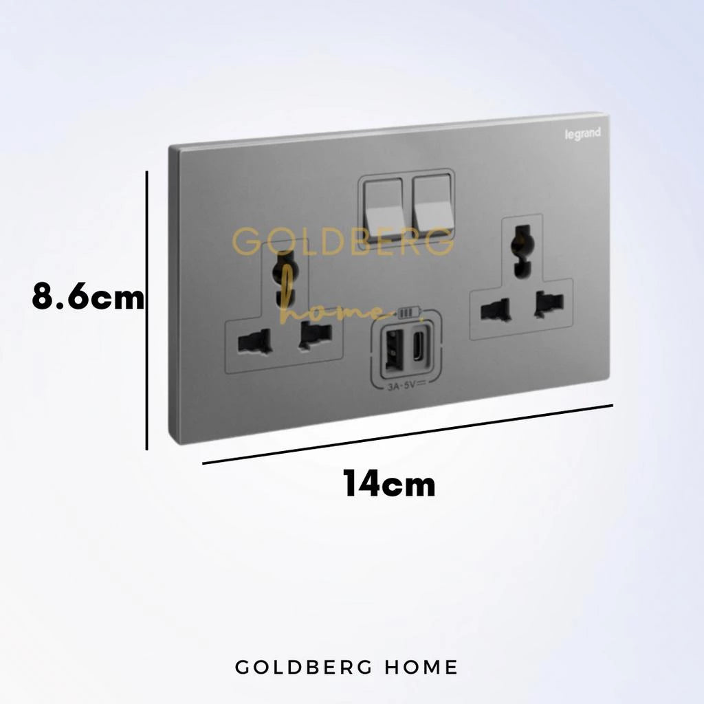 Legrand Galion dark silver USB wall socket 86x140mm dimensions for Singapore standard flush mounting box.