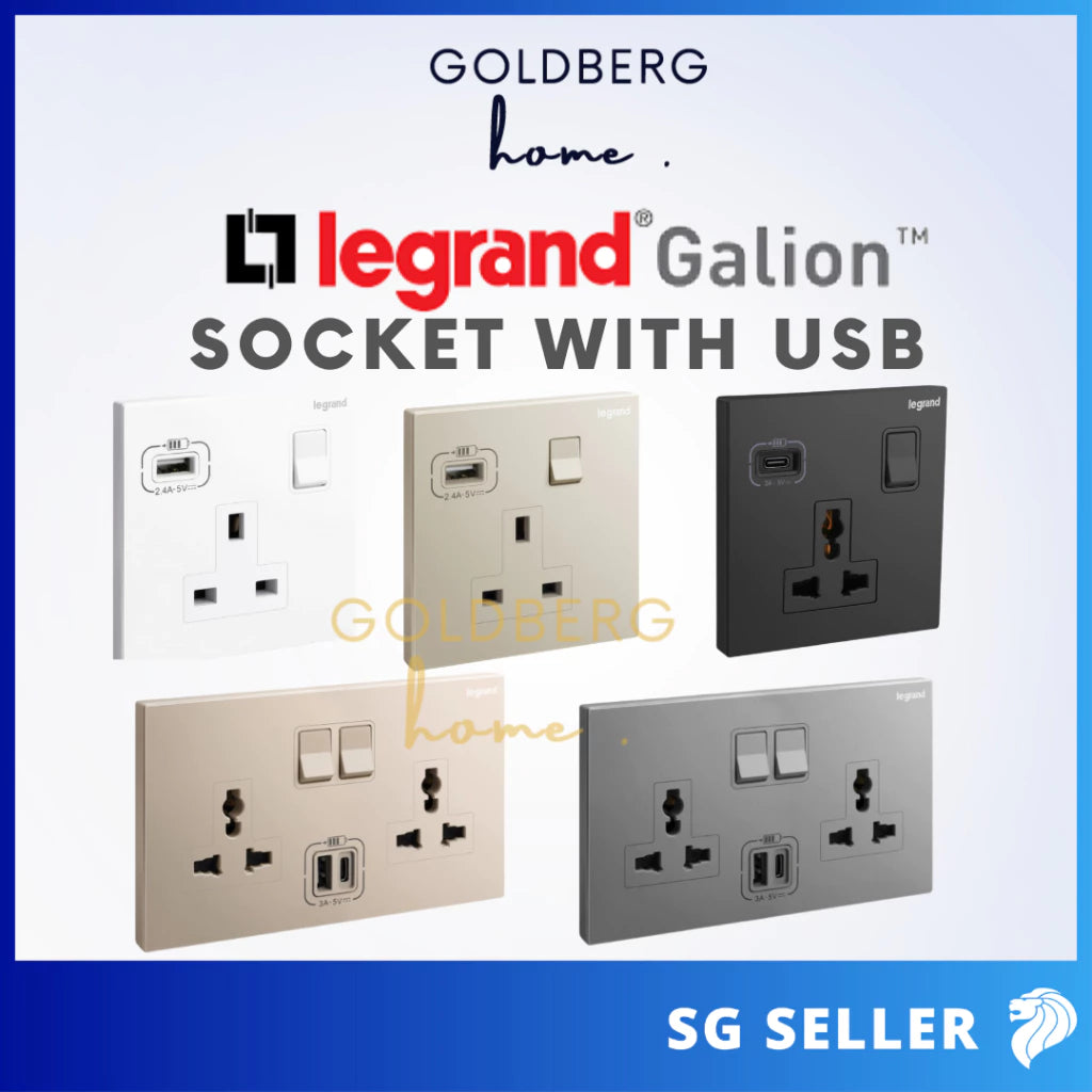 Legrand Galion 13A Wall Socket with USB ports by Goldberg Home in 5 premium finishes.