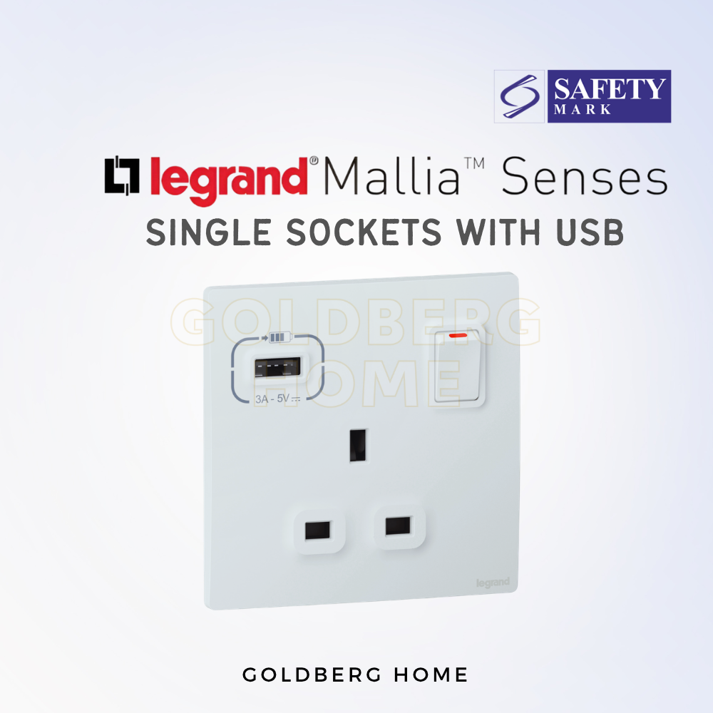 Legrand Mallia Senses 1-gang single power socket with USB for Singapore homes, at Goldberg Home.