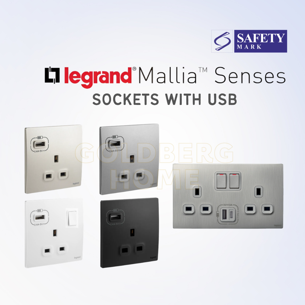Legrand Mallia Senses USB sockets in white, dark silver, champagne, and matt black by Goldberg Home.