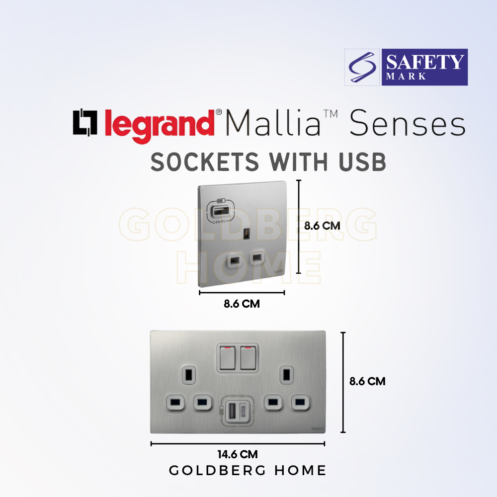 Dimensions 86mm x 88mm for Legrand Mallia Senses single socket with USB and Dimensions 145mm x 86mm for Legrand Mallia Senses double socket by Goldberg Home SG.