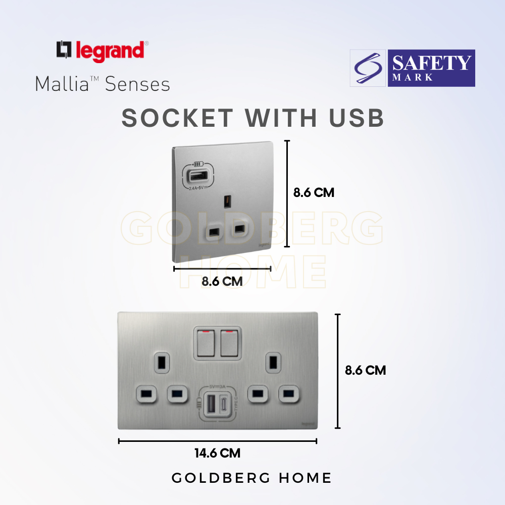 Technical specs for Legrand Mallia Senses USB socket, Safety Mark certified for Singapore bedroom installs.