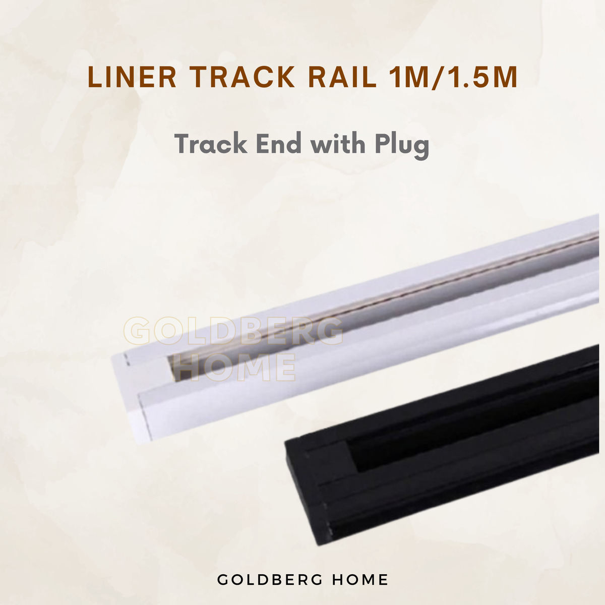 Aluminum track light rail channel with copper wire conductors and end cap connectors by Goldberg Home SG.