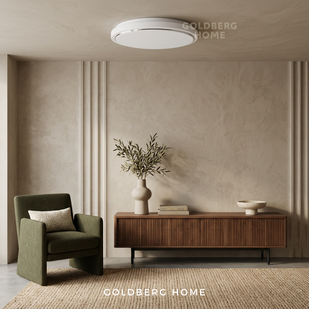 Goldberg Home Liverpool Twist & Turn white LED ceiling light installed in modern living room interior.